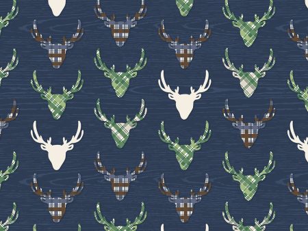 The Great Outdoors Navy Deer Reindeer Buck Woodland on White Fabric by the yard on Sale