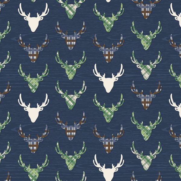 The Great Outdoors Navy Deer Reindeer Buck Woodland on White Fabric by the yard on Sale