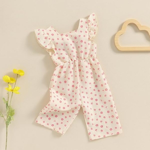 Toddler Baby Girl Summer Flower Print Ruffle Flying Sleeveless Romper Jumpsuit Pants Cotton Bow Tie Trouser Outfit Clothes Tracksuit Set Supply