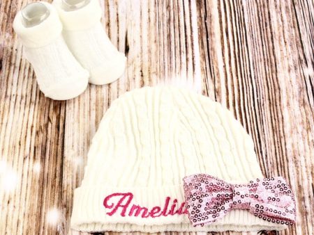 Personalized Baby Girl s Knit Hat & Booties Set For Sale