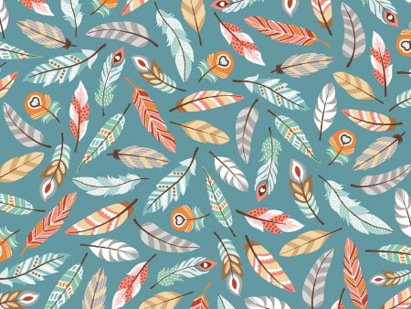 Camp A Long Critters Woodland Feathers on Teal Fabric by the yard Supply