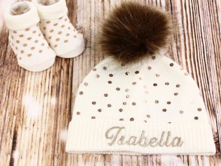 Personalized Baby Girl s Knit Hat & Booties Set Sale