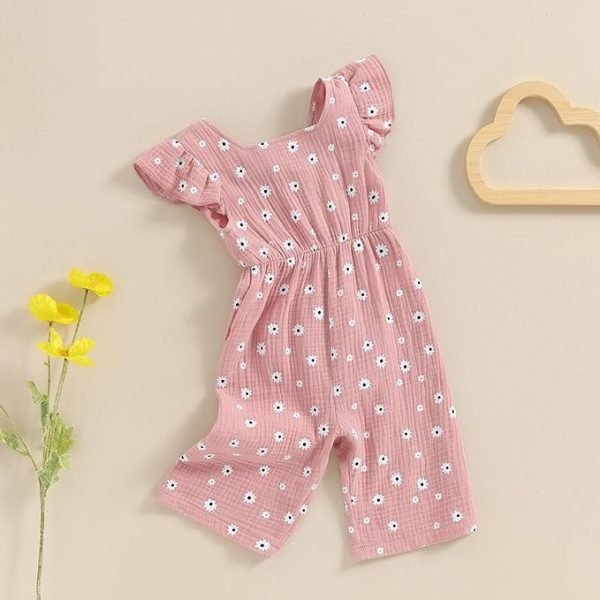 Toddler Baby Girl Summer Flower Print Ruffle Flying Sleeveless Romper Jumpsuit Pants Cotton Bow Tie Trouser Outfit Clothes Tracksuit Set Supply