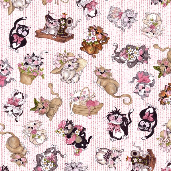 Tossed Fancy Cats Pink Kitten Animals Fabric by the yard Sale