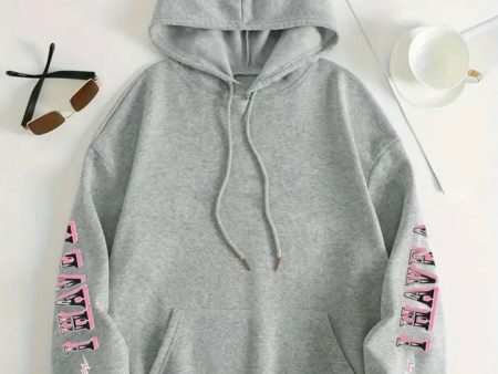 1pc Casual Polyester Hooded Sweatshirt with Slight Stretch, Long Sleeve Alphabet Print Pullover, All-Season Knit Fabric Top with Letter Pattern Design Online now